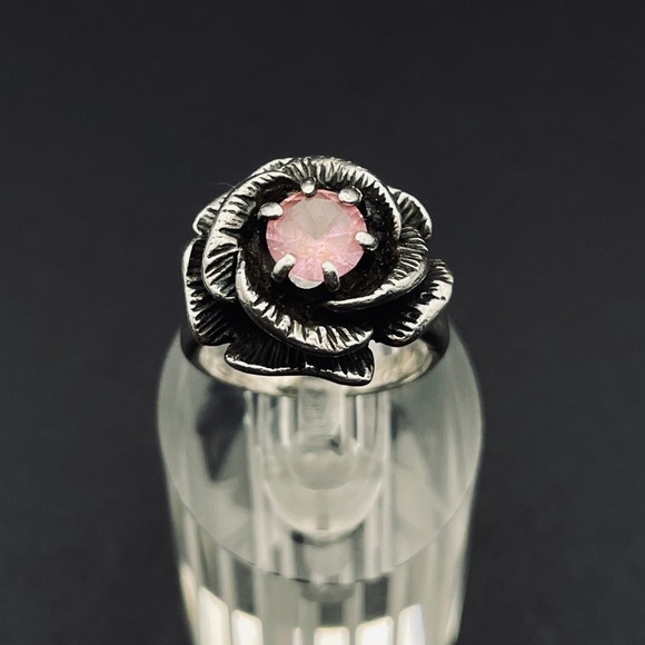 Vintage Sterling Silver Rose Flower Ring Pink Gemstone Size 4 Floral Jewelry - Picture 3 of 9